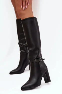 Damskie Boto Kozaki Damskie Ocieplane Na Słupku Z Klamrą Czarne Fionelle