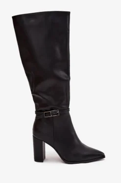 Damskie Boto Kozaki Damskie Ocieplane Na Słupku Z Klamrą Czarne Fionelle