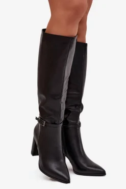 Damskie Boto Kozaki Damskie Ocieplane Na Słupku Z Klamrą Czarne Fionelle