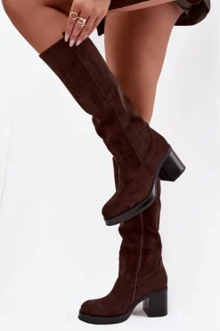 Boto Kozaki Ocieplane|Kozaki Na Słupku*Kozaki Damskie Ocieplane Na Masywnym Słupku Czekoladowe Sanelle Brązowy
