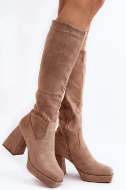 Boto Kozaki Damskie Ocieplane Na Masywnym Obcasie Beżowe Layala