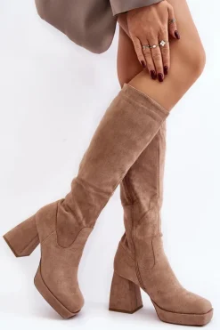 Boto Kozaki Damskie Ocieplane Na Masywnym Obcasie Beżowe Layala