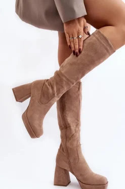 Boto Kozaki Damskie Ocieplane Na Masywnym Obcasie Beżowe Layala