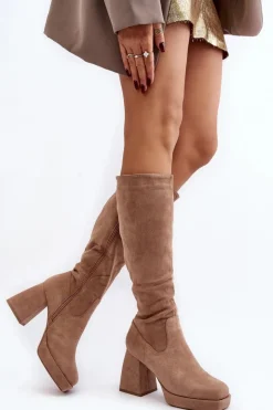 Boto Kozaki Damskie Ocieplane Na Masywnym Obcasie Beżowe Layala