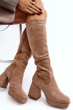 Boto Kozaki Damskie Ocieplane Na Masywnym Obcasie Beżowe Layala