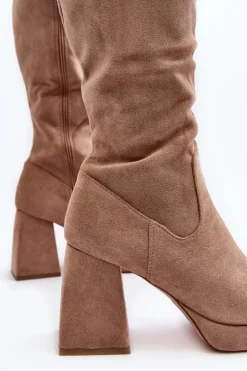 Boto Kozaki Damskie Ocieplane Na Masywnym Obcasie Beżowe Layala