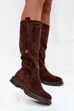 Boto Kozaki Ocieplane|Kozaki Płaskie*Kozaki Damskie Ocieplane Na płaskim Obcasie Eko Zamszowe Czekoladowe Delyssa