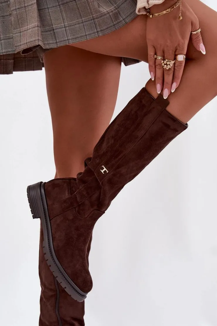 Boto Kozaki Ocieplane|Kozaki Płaskie*Kozaki Damskie Ocieplane Na płaskim Obcasie Eko Zamszowe Czekoladowe Delyssa