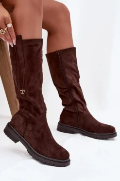 Boto Kozaki Ocieplane|Kozaki Płaskie*Kozaki Damskie Ocieplane Na płaskim Obcasie Eko Zamszowe Czekoladowe Delyssa