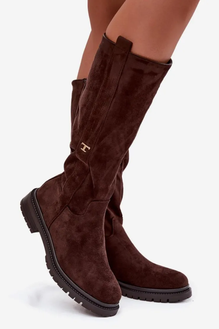 Boto Kozaki Ocieplane|Kozaki Płaskie*Kozaki Damskie Ocieplane Na płaskim Obcasie Eko Zamszowe Czekoladowe Delyssa