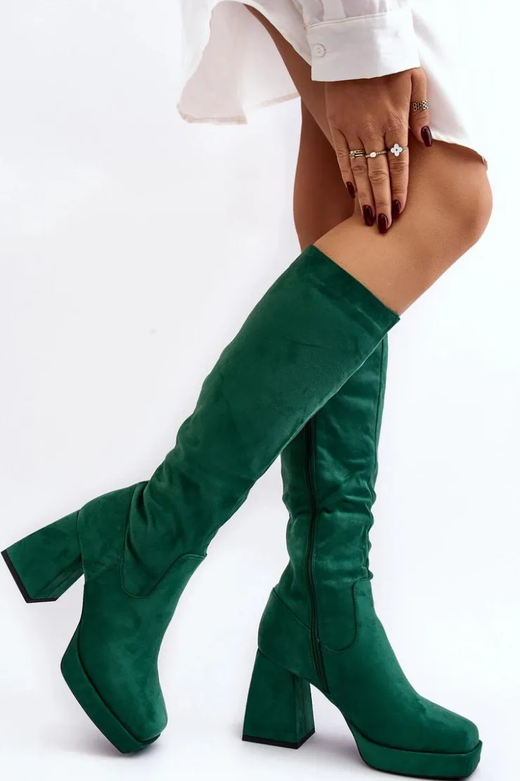 Boto Kozaki Przed Kolano|Kozaki Na Obcasie*Kozaki Damskie Ocieplane Na Masywnym Obcasie Zielone Layala