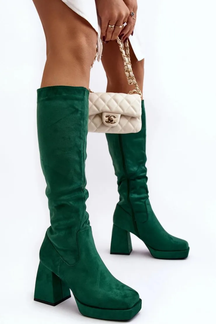 Boto Kozaki Przed Kolano|Kozaki Na Obcasie*Kozaki Damskie Ocieplane Na Masywnym Obcasie Zielone Layala