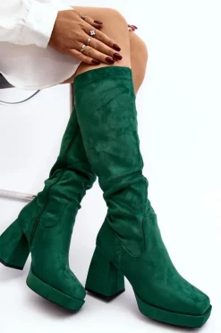 Boto Kozaki Przed Kolano|Kozaki Na Obcasie*Kozaki Damskie Ocieplane Na Masywnym Obcasie Zielone Layala