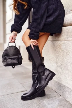 Damskie Boto Kozaki Damskie Ocieplane Na Platformie Czarne Brandi