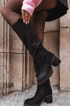 Discount Boto Kozaki Damskie Ocieplane Na Masywnym Słupku Czarne Sanelle Czarny