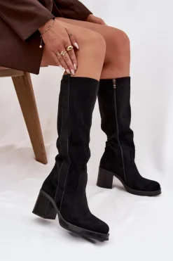 Discount Boto Kozaki Damskie Ocieplane Na Masywnym Słupku Czarne Sanelle Czarny