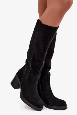 Discount Boto Kozaki Damskie Ocieplane Na Masywnym Słupku Czarne Sanelle Czarny