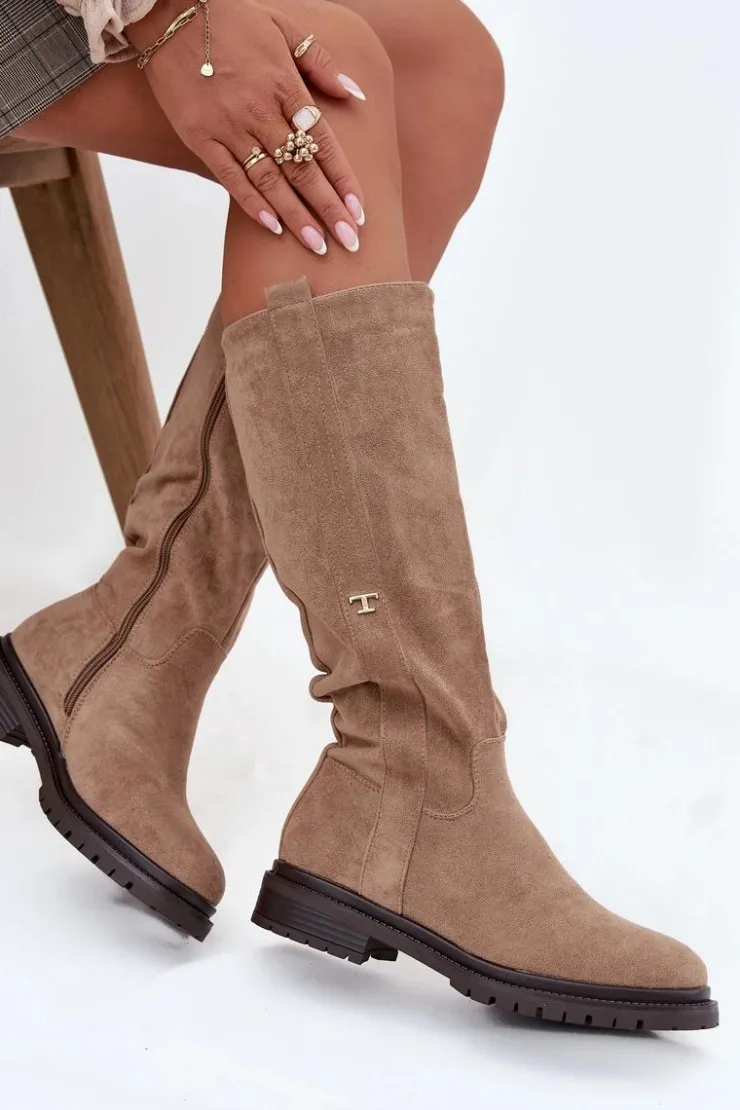 Hot Boto Kozaki Damskie Ocieplane Na płaskim Obcasie Eko Zamszowe Ciemnobeżowe Delyssa