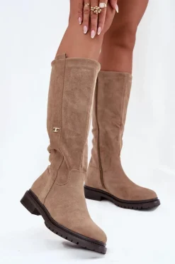 Hot Boto Kozaki Damskie Ocieplane Na płaskim Obcasie Eko Zamszowe Ciemnobeżowe Delyssa