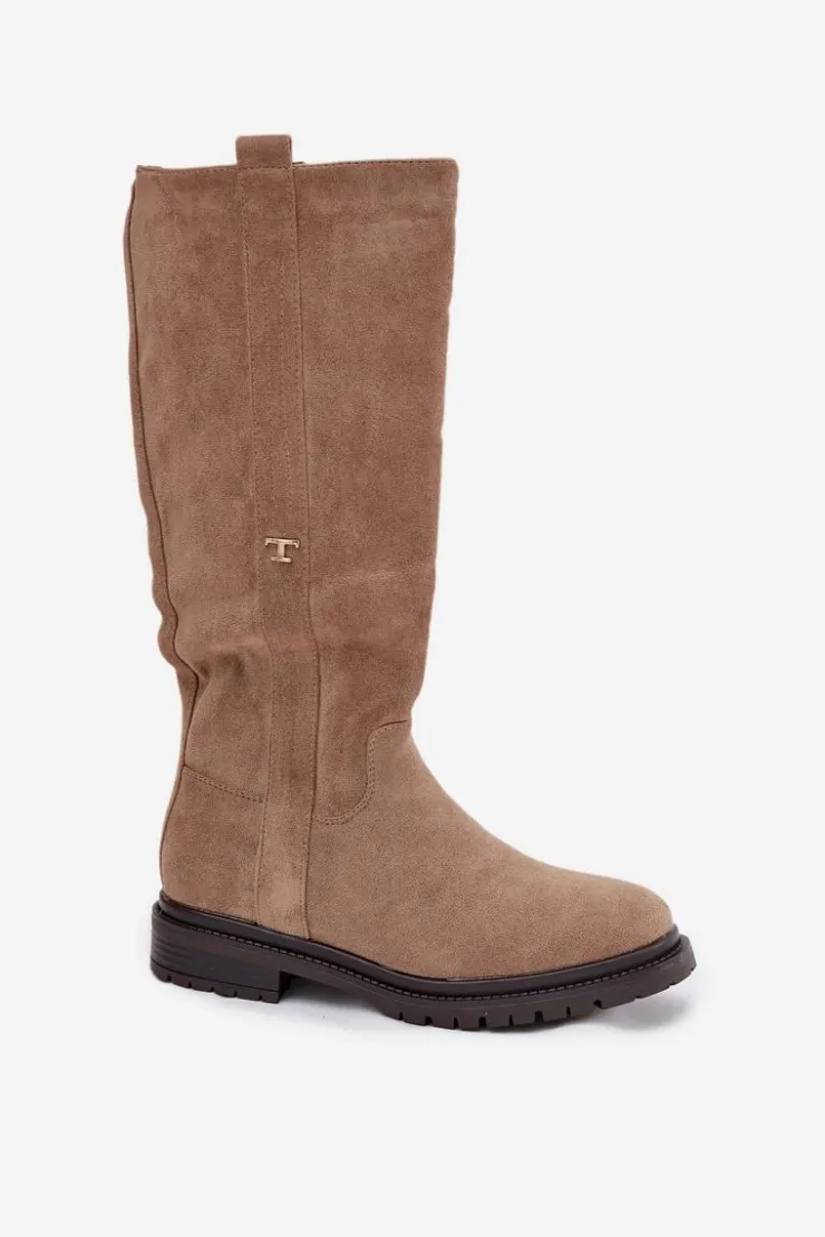 Hot Boto Kozaki Damskie Ocieplane Na płaskim Obcasie Eko Zamszowe Ciemnobeżowe Delyssa