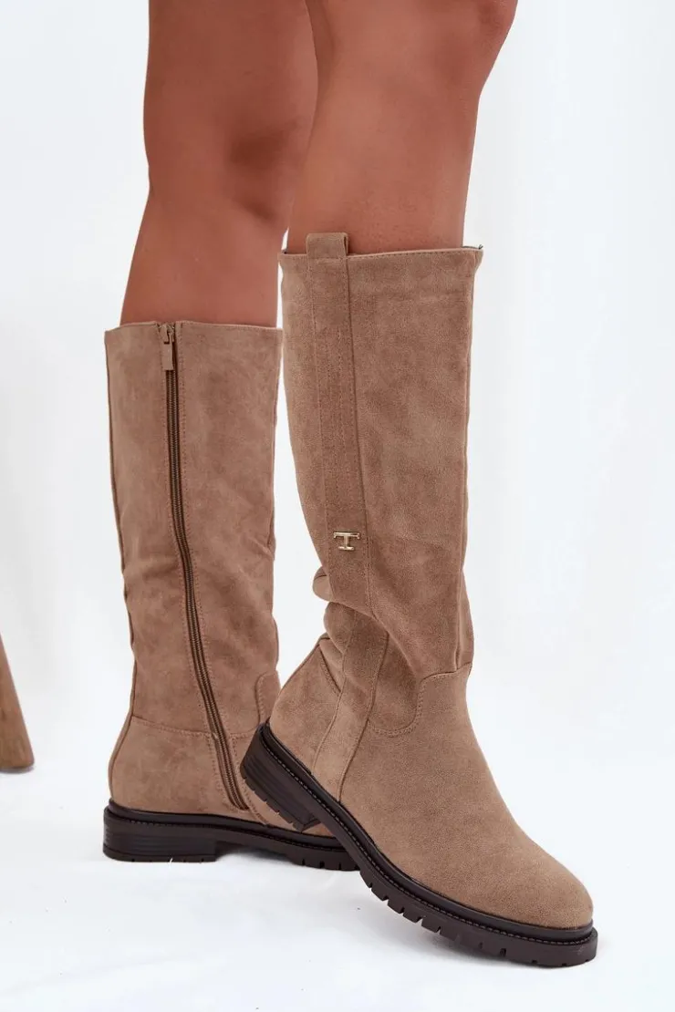 Hot Boto Kozaki Damskie Ocieplane Na płaskim Obcasie Eko Zamszowe Ciemnobeżowe Delyssa