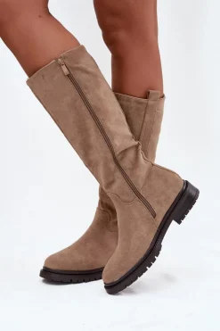 Hot Boto Kozaki Damskie Ocieplane Na płaskim Obcasie Eko Zamszowe Ciemnobeżowe Delyssa