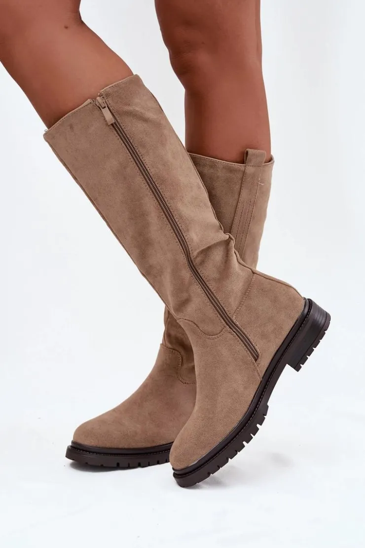 Hot Boto Kozaki Damskie Ocieplane Na płaskim Obcasie Eko Zamszowe Ciemnobeżowe Delyssa