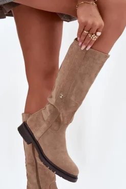 Hot Boto Kozaki Damskie Ocieplane Na płaskim Obcasie Eko Zamszowe Ciemnobeżowe Delyssa