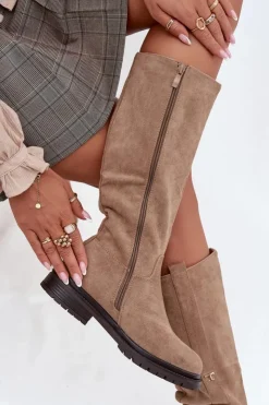 Hot Boto Kozaki Damskie Ocieplane Na płaskim Obcasie Eko Zamszowe Ciemnobeżowe Delyssa