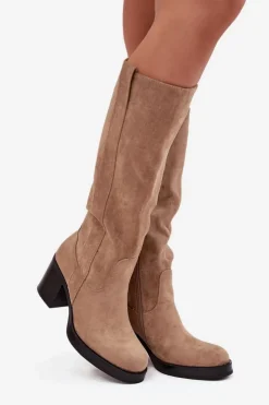 Damskie Boto Kozaki Damskie Ocieplane Na Masywnym Słupku Beżowe Sanelle