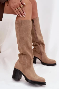 Damskie Boto Kozaki Damskie Ocieplane Na Masywnym Słupku Beżowe Sanelle