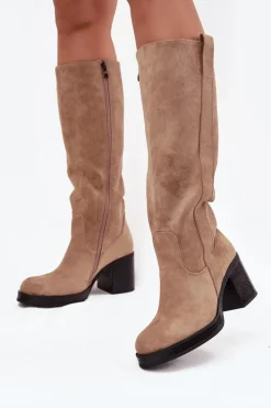 Damskie Boto Kozaki Damskie Ocieplane Na Masywnym Słupku Beżowe Sanelle