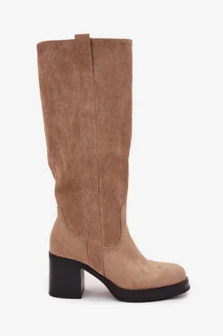 Damskie Boto Kozaki Damskie Ocieplane Na Masywnym Słupku Beżowe Sanelle