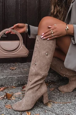 Damskie Boto Kozaki Damskie Ocieplane Na Słupku Z Ozdobnymi Detalami Beżowe Lucinda