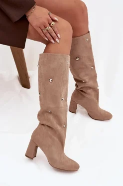 Damskie Boto Kozaki Damskie Ocieplane Na Słupku Z Ozdobnymi Detalami Beżowe Lucinda