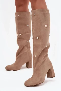 Damskie Boto Kozaki Damskie Ocieplane Na Słupku Z Ozdobnymi Detalami Beżowe Lucinda