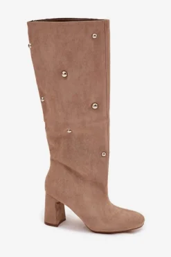 Damskie Boto Kozaki Damskie Ocieplane Na Słupku Z Ozdobnymi Detalami Beżowe Lucinda