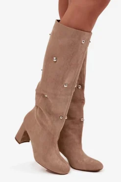 Damskie Boto Kozaki Damskie Ocieplane Na Słupku Z Ozdobnymi Detalami Beżowe Lucinda