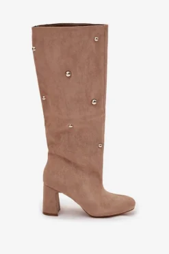 Damskie Boto Kozaki Damskie Ocieplane Na Słupku Z Ozdobnymi Detalami Beżowe Lucinda