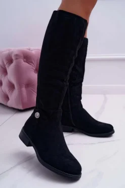 Boto Kozaki Damskie Płaskie Do Kolan Czarne Xomea