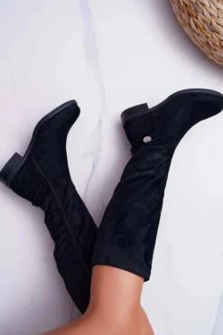 Boto Kozaki Damskie Płaskie Do Kolan Czarne Xomea