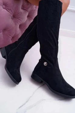 Boto Kozaki Damskie Płaskie Do Kolan Czarne Xomea