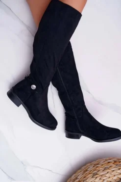 Boto Kozaki Damskie Płaskie Do Kolan Czarne Xomea