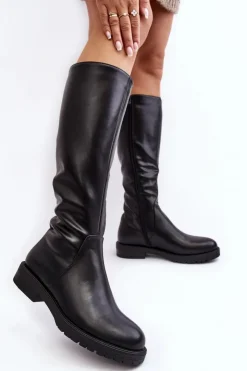 Damskie Buty Sergio Leone Kozaki Damskie Płaskie Przed Kolano Ocieplane Czarne Saraseini