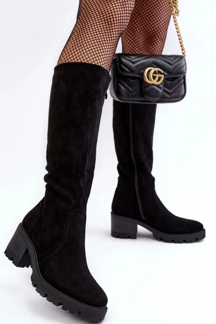 Outlet Boto Kozaki Damskie Przed Kolano Na Niskim Obcasie Czarne Beveta