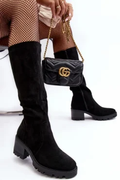 Outlet Boto Kozaki Damskie Przed Kolano Na Niskim Obcasie Czarne Beveta