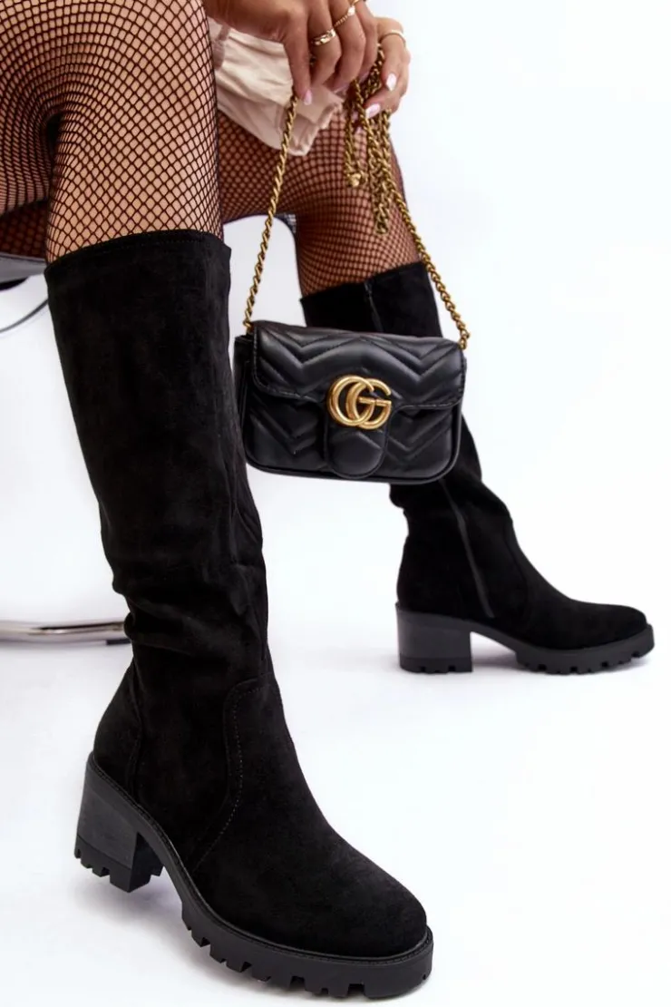 Outlet Boto Kozaki Damskie Przed Kolano Na Niskim Obcasie Czarne Beveta