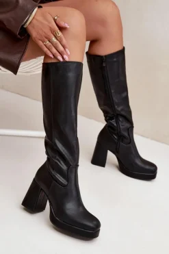 Sale Boto Kozaki Damskie Przed Kolano Na Zamek Obcas Słupek Czarne Selvia Czarny
