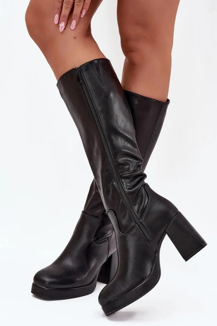 Sale Boto Kozaki Damskie Przed Kolano Na Zamek Obcas Słupek Czarne Selvia Czarny