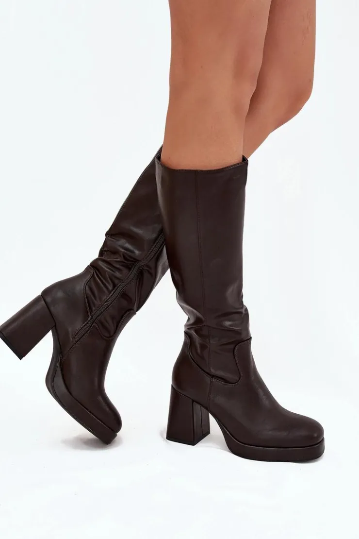 Boto Kozaki Ocieplane|Kozaki Na Słupku*Kozaki Damskie Przed Kolano Na Zamek Obcas Słupek Czekoladowe Selvia Brązowy